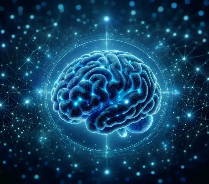 DALL·E 2023 12 06 11.13.10 A high resolution 16 9 aspect ratio digital image featuring a three dimensional luminescent blue brain floating in the center against a dark backgro resultat