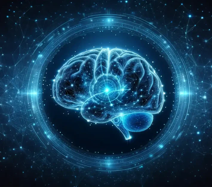 DALL·E 2023 12 06 11.14.04 A high resolution 16 9 aspect ratio digital image featuring a three dimensional luminescent blue brain floating in the center against a dark backgro resultat